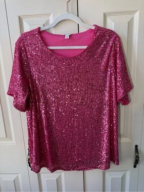Cato Pink Sequin Scoop Neck Top 14/16W Plus Size Short Sleeve Sparkle Party